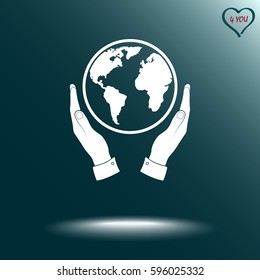 Hands holding globe sign icon, vector illustration. Flat design style 