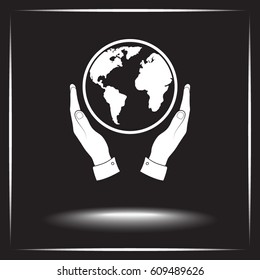 Hands holding globe sign icon, vector illustration. Flat design style 