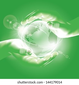 Hands holding globe. Symbol of environmental protection - Care about planet - Rising Sun over the world - Hope