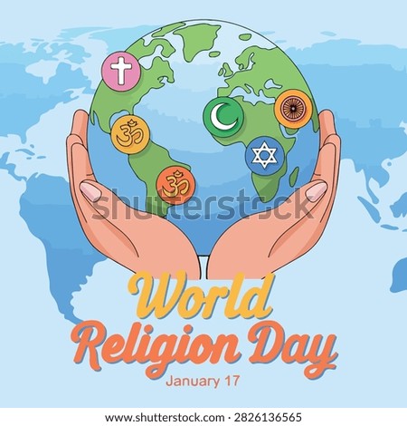 Hands holding a globe with various religious symbols representing unity and peace for world religion day celebration