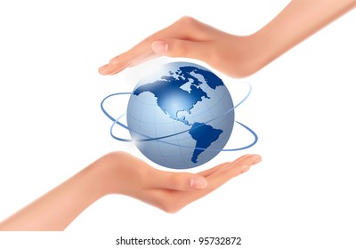 Hands holding globe. Vector.