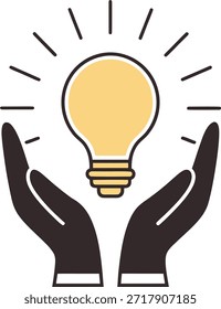 Manos sosteniendo una bombilla brillante con rayos símbolo de idea o inspiración