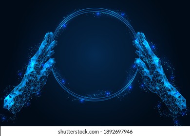 Hands holding glowing neon rings. Futuristic polygonal construction of interlocked lines and dots. Blue background.