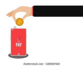 Hands holding a gold coin. Buying online concept with smartphone. Vector illustration. EPS10