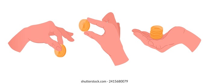 Hands holding gold coins. Cash money in hands, human hand palm with money change flat vector illustration set. Cartoon рands hold coins