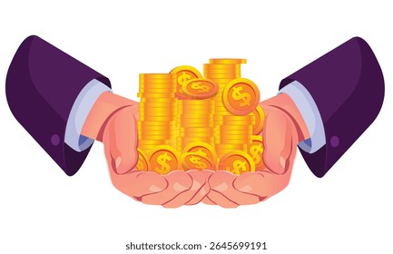 Mãos segurando moedas de ouro, Closeup de uma mão segurando uma brilhante moedas de ouro simbolizando riqueza e prosperidade