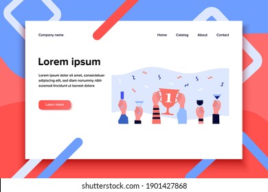 Hands holding golden cup with one digit or glasses. Drink, contest, champion flat vector illustration. Celebration and winning concept for banner, website design or landing web page
