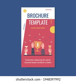 Hands holding golden cup with one digit or glasses. Drink, contest, champion flat vector illustration. Celebration and winning concept for banner, website design or landing web page