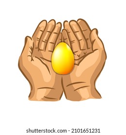 Hands are holding a golden egg. Happy easter. Vector illustration