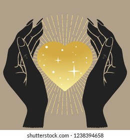 Hands holding golden heart. Vector hand drawn illustration.