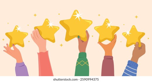 Hands holding golden star stars for rating, People satisfaction Concept. Communication concept.