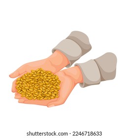 Hands holding grains of wheat vector illustration. Cartoon bunch of wheat seeds from agriculture field lying in palms of farmer in farming season, growth of golden organic cereal harvest in farm