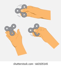 Hands holding gray fidget spinner on white background. Vector illustration.