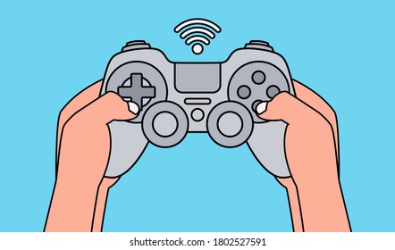 Hands holding gray game pad and playing video game. Vector illustration.