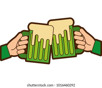 hands holding green beer mug foam