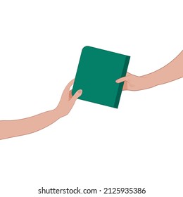 Hands holding a green book. Books swap. Vector illustration. Gift a book. World Book Day