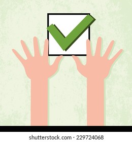 Hands holding green check mark. Vector