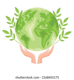 Hands holding green Earth globe with plant and leaves. Vector Illustration - Shutterstock ID 2168455175