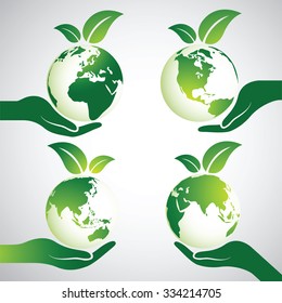 Hands Holding Green Earth Globe with leaves ,Vector Illustration 