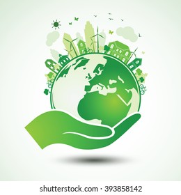 Hands Holding The Green Earth Globe with city ,Vector Illustration 