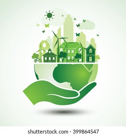 Hands Holding The Green Earth Globe with city ,Vector Illustration 