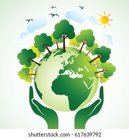 Hands Holding The Green Earth Globe with tree , Vector Illustration 