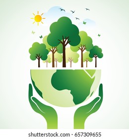 Hands Holding The Green Earth Globe with tree ,Vector Illustration 