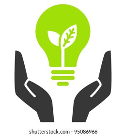 Hands holding green ecology light bulb, vector icon