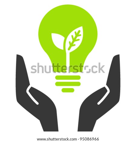Hands holding green ecology light bulb, vector icon
