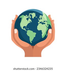 Hands holding green globe, earth. Earth day concept on white background. Vector illustration