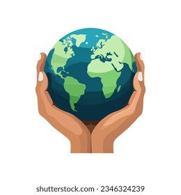 Manos sosteniendo el globo verde, la tierra. Concepto del Día de la Tierra sobre fondo blanco. Ilustración del vector