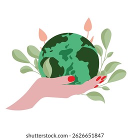 Hands holding a green globe, earth. Earth day concept. Earth day vector illustration for poster, banner, print, web. Saving the planet, environment. save the world concept