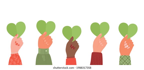 Hands Holding Green Hearts. Csr, Environment Protection Concept Border.