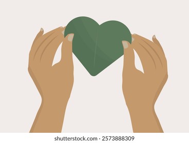 Hands Holding Green Heart-Shaped Leaf Illustration.  Environmental love and nature connection. Eco-friendly love and valentines. Environmental protection. Earth day. Flat style. Vector illustration