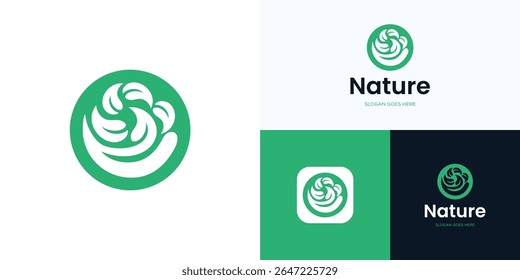 Hands holding green leaves in circle logo Icon design vector illustration elements, Ecology symbol environmental nature protection, Sprout in hand for organic agriculture and brand identity business