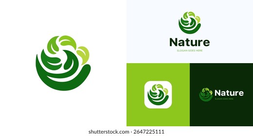 Hands holding green leaves for modern logo Icon design vector  illustration elements, Ecology symbol environmental nature protection, Sprout in hand for organic agriculture and brand identity business