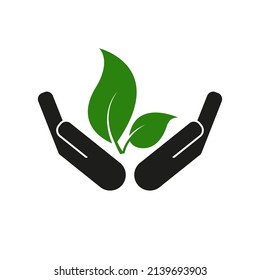 Hands holding green leaves. Simple flat vector illustration on a white background.