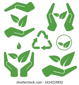 Hands holding green leaves vector  illustration set isolated on white background. Save nature concept icon.  Eco logo template. Green color invironmental protection sign collection. Recycle symbol.