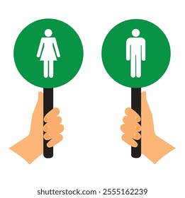 Hands holding green round signs with man and woman silhouette  on them