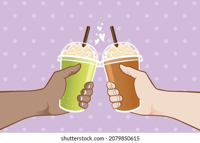 Hands holding green tea frappe and Coffee frappe in take a way cup to clink on purple background.