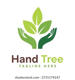 Manos que sostienen la Plantilla verde del logotipo de las hojas del árbol con el icono del lema