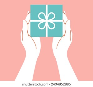 Hands holding a greeting box. Gift box. Greeting box