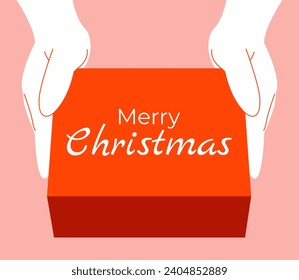 Manos sosteniendo una caja de saludo. Caja de regalo. Casilla de saludo
