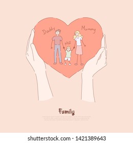 Hands holding greeting card, holiday present, happy couple with little boy, mommy, daddy and son, family love banner