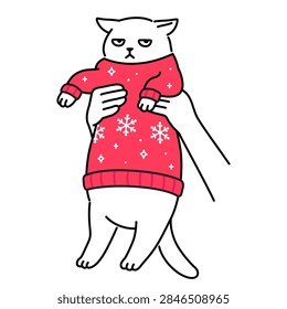 Hands holding up grumpy looking cat in red Christmas sweater. Funny cartoon drawing, cute and simple vector illustration. Chubby white cat doodle.
