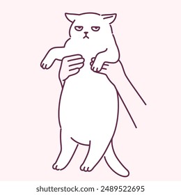 Hands holding up grumpy looking fat cat. Funny cartoon drawing, cute and simple vector illustration. Chubby white cat doodle.