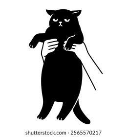 Hands holding up grumpy looking fat cat. Funny cartoon drawing, cute and simple vector illustration. Chubby black cat doodle.