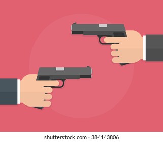 Hands holding guns. Hands pointing or aiming guns to each other. Flat design