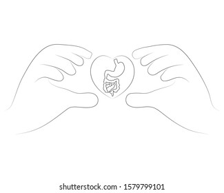 Hands holding guts in outline style illustration for probiotics health benefits. Vector illustration isolated on white background.
