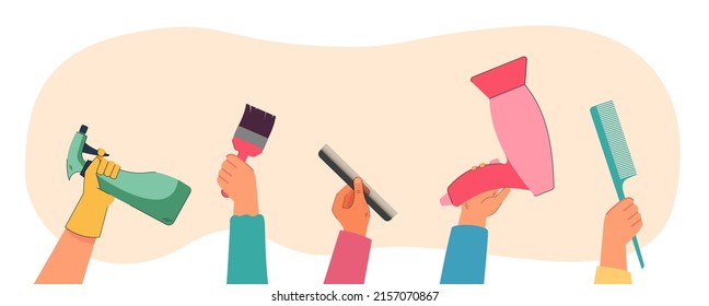 Hands holding hairdressers accessories. Professional tools for curling haircut barbershop, hair brush, comb hairdryer. Beauty salon concept for banner, website design or landing web page
